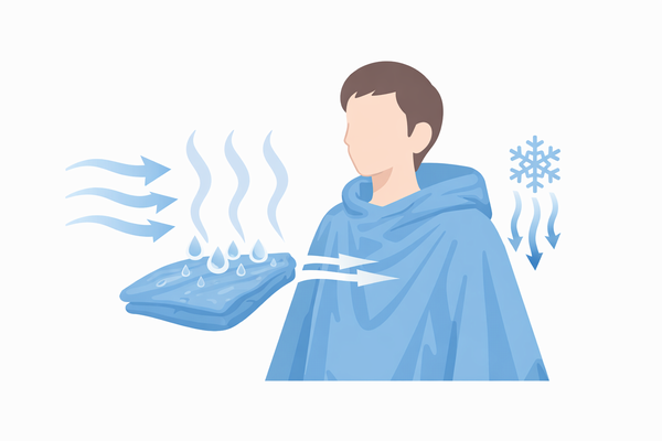 水分の蒸発で体の熱を奪う冷感ポンチョの気化冷却の仕組み図
