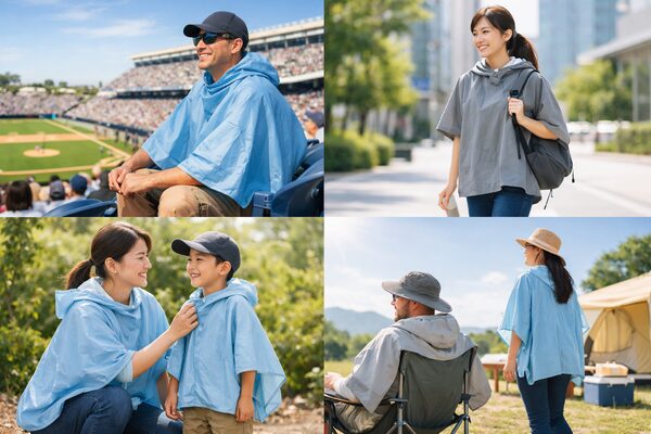 冷感ポンチョの使用シーン（スポーツ観戦・通勤・親子・アウトドア）